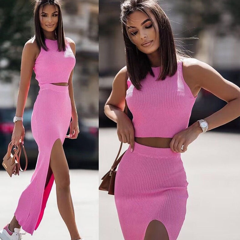 BENPAOLV 2025 style women's clothing  summer new vest short skirt set solid color slim-fit explosive slit skirt women's two-piece set