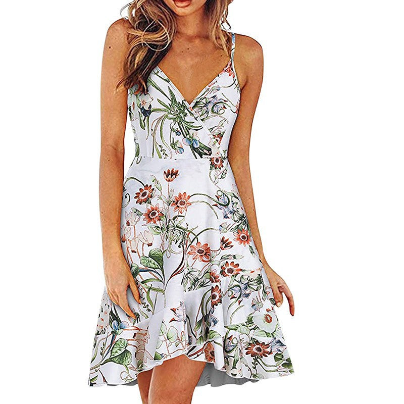 Summer Women's Sexy, Stylish V-Neck Suspender Sleeveless Halter Multi-Color Printed Swing Dress