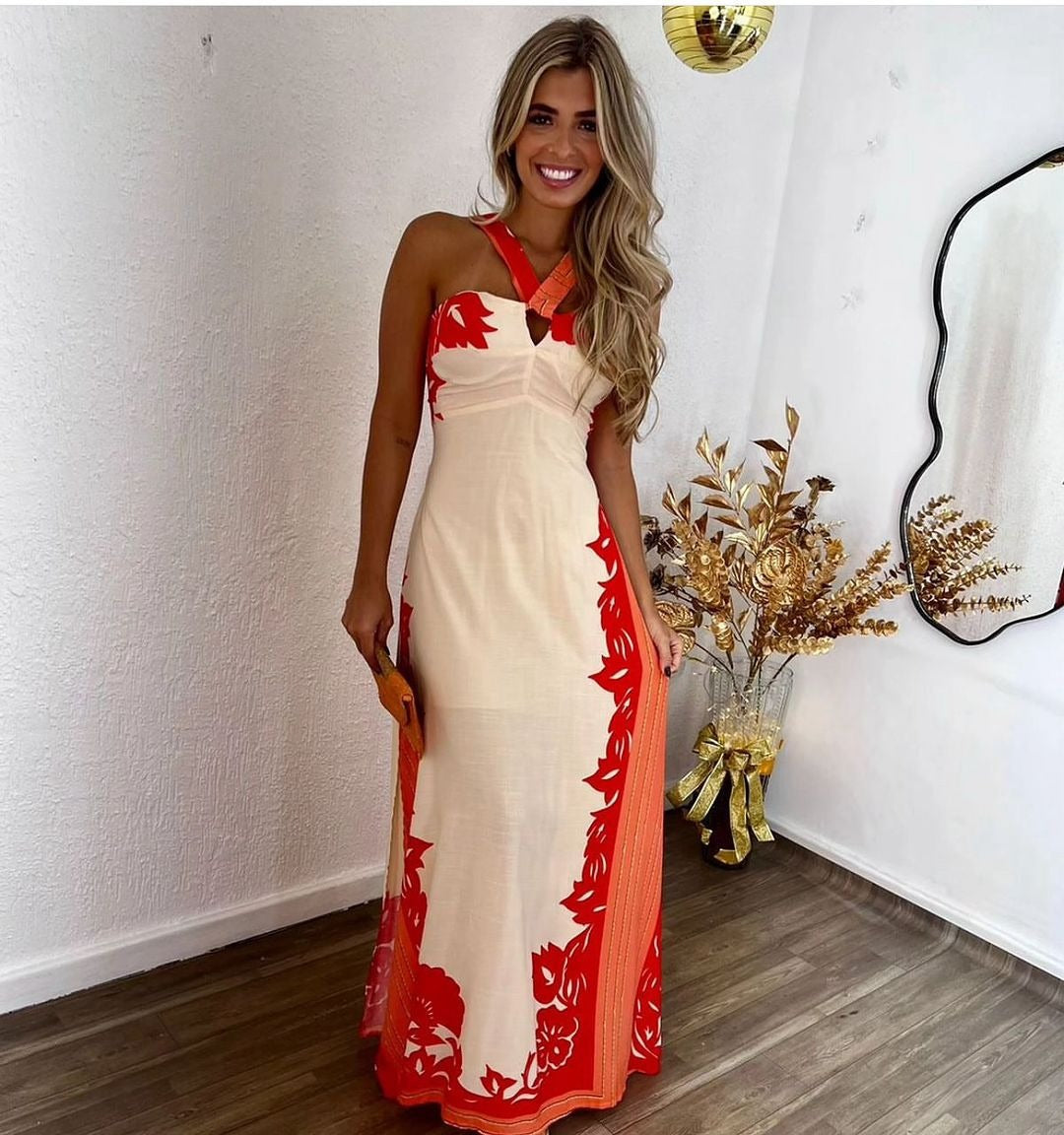 summer New new  neck sexy color matching fashion vacation beach long printing dress women's clothing