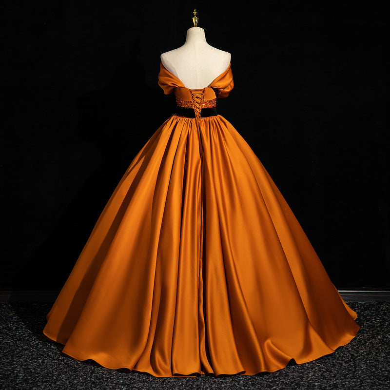 2025Hot trade orange satin students vocal art test shoulder solo performance tutu skirt host annual meeting evening dress woman