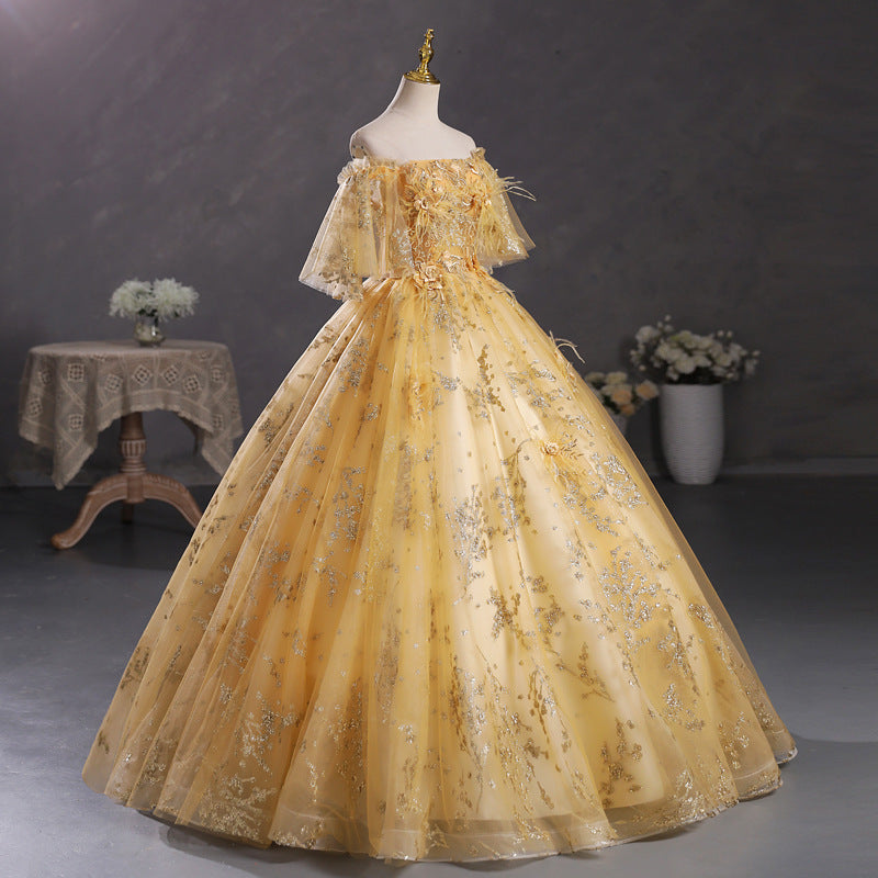 2025Hot trade one-word shoulder champagne gold solo tutu skirt student vocal art test performance uniform host annual meeting evening dress woman