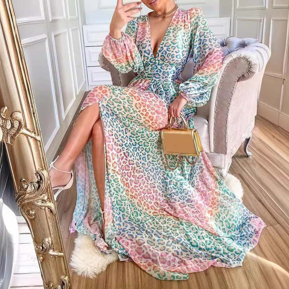 new women's clothing  dress deep V lantern sleeves color leopard print casual print long dress