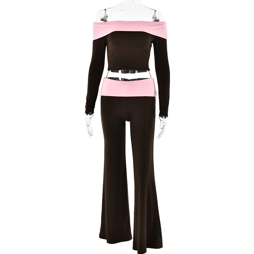 2025 New popular new suit, sexy slim-fit color matching off-the-shoulder long-sleeved slim-fit flared pants, two-piece set for women