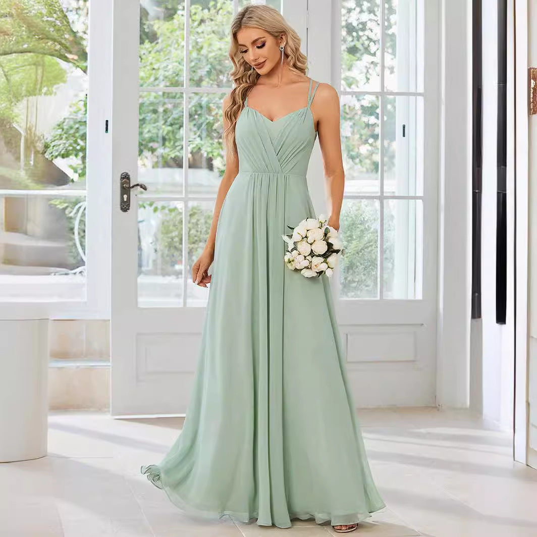 2025 Elegant evening dress V-back halter dress popular new chiffon pleated mint green bridesmaid dress