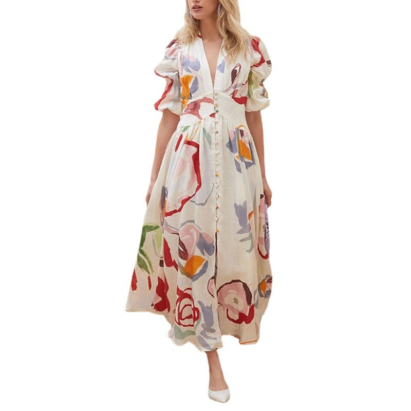 Customized small batch   new spring women's clothing slim-fitting big pendulum chiffon printed long dress beach dress women