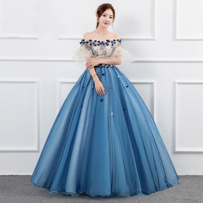 2025Vocal solo performance costume women's  new studio colored yarn retro elegant one-word shoulder annual meeting art exam evening dress