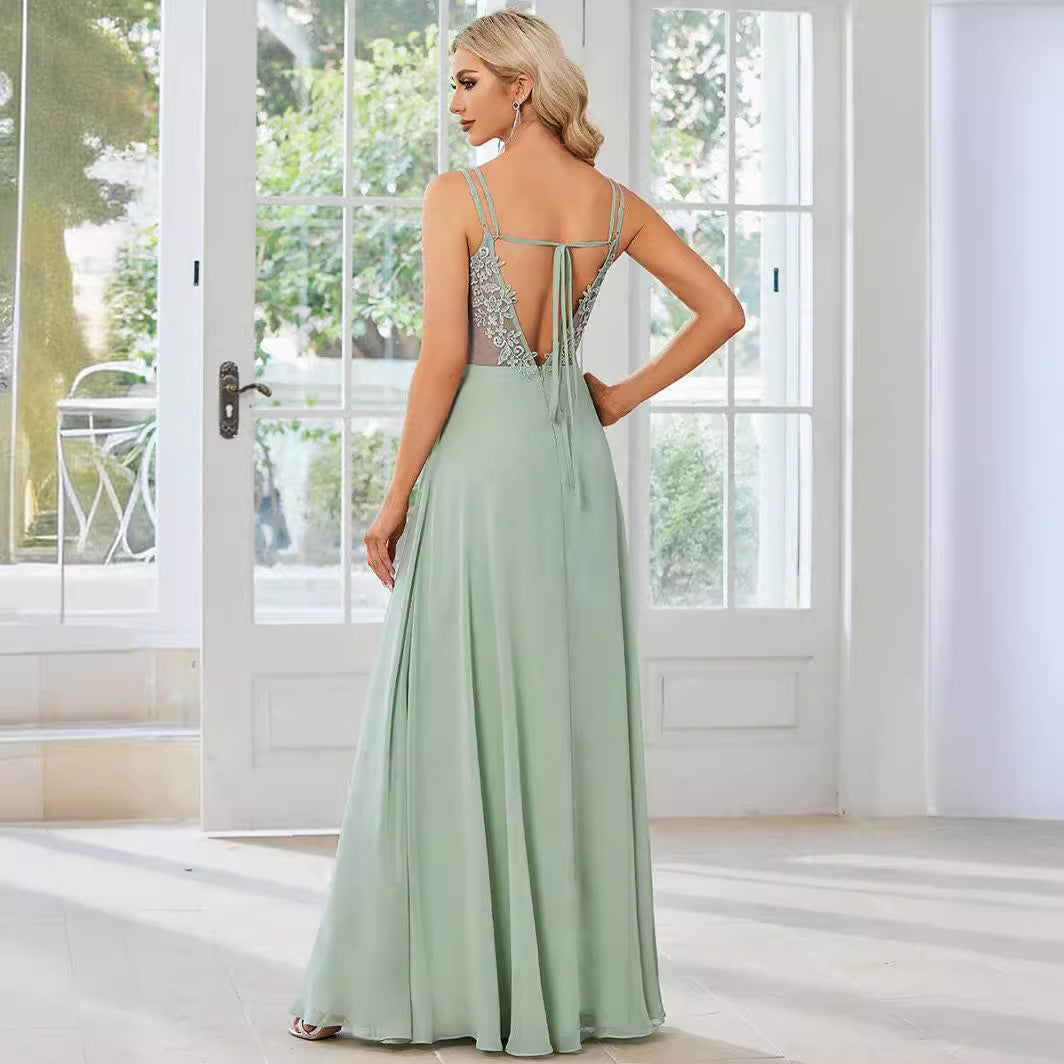 2025 Elegant evening dress V-back halter dress popular new chiffon pleated mint green bridesmaid dress