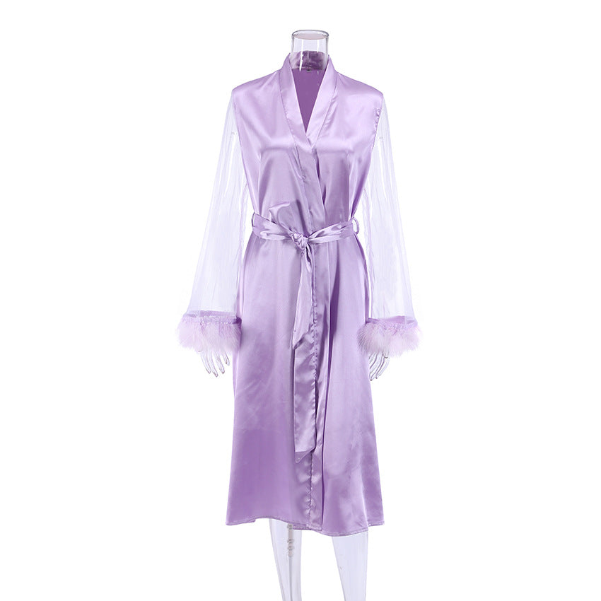 BENPAOLV 2025 popular autumn new  New pajamas fashion feather splicing mesh purple nightgown women's loungewear