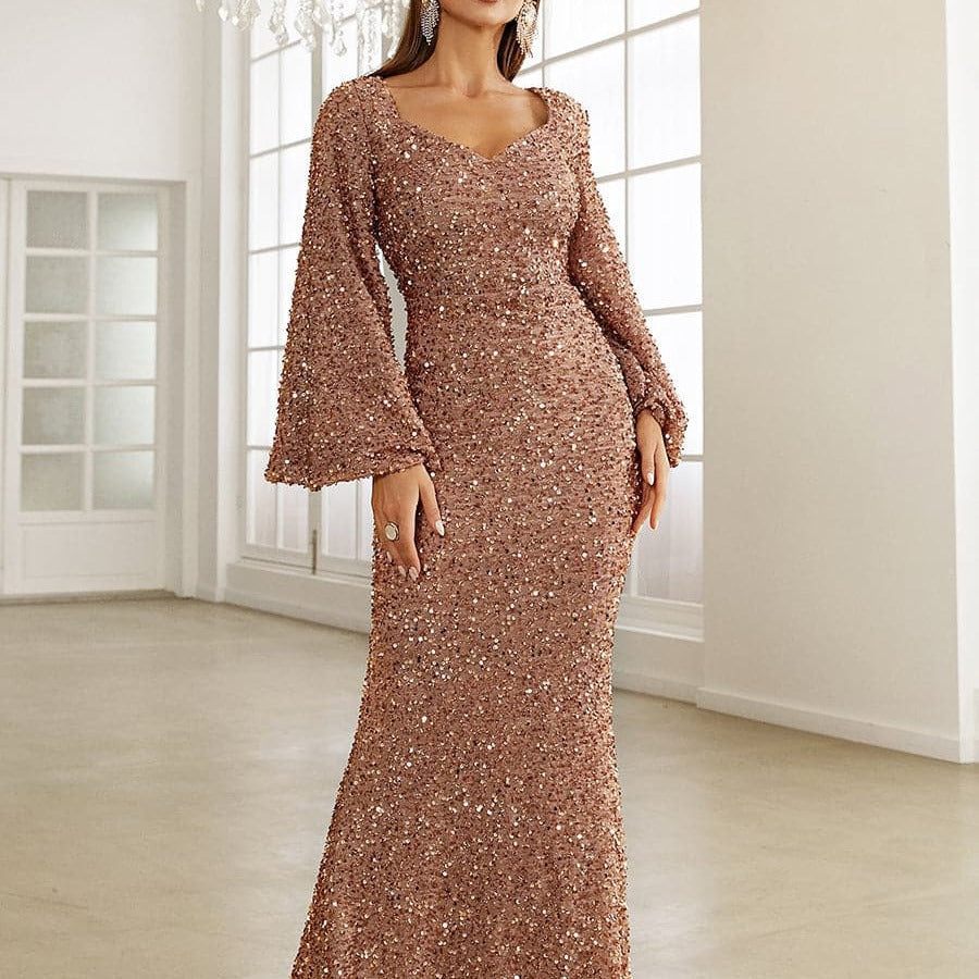 BENPAOLV Sexy Evening Dress 2025 Women Sexy Dress Mid-rise Flared Sleeve Sequins V-Neck Evening Dress