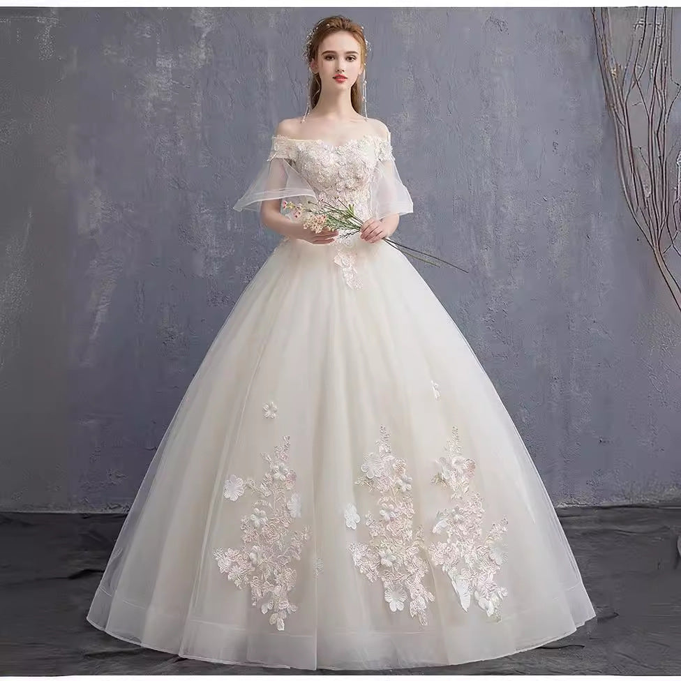 2025 One-word shoulder wedding dress new starry sky Korean princess dream Hepburn simple Qidesen thin wedding dress