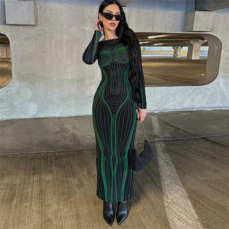 BENPAOLV  2025 Hot trade  style  new long-sleeved dress women's fashion technology sense human body printing Spice girl long dress wholesale