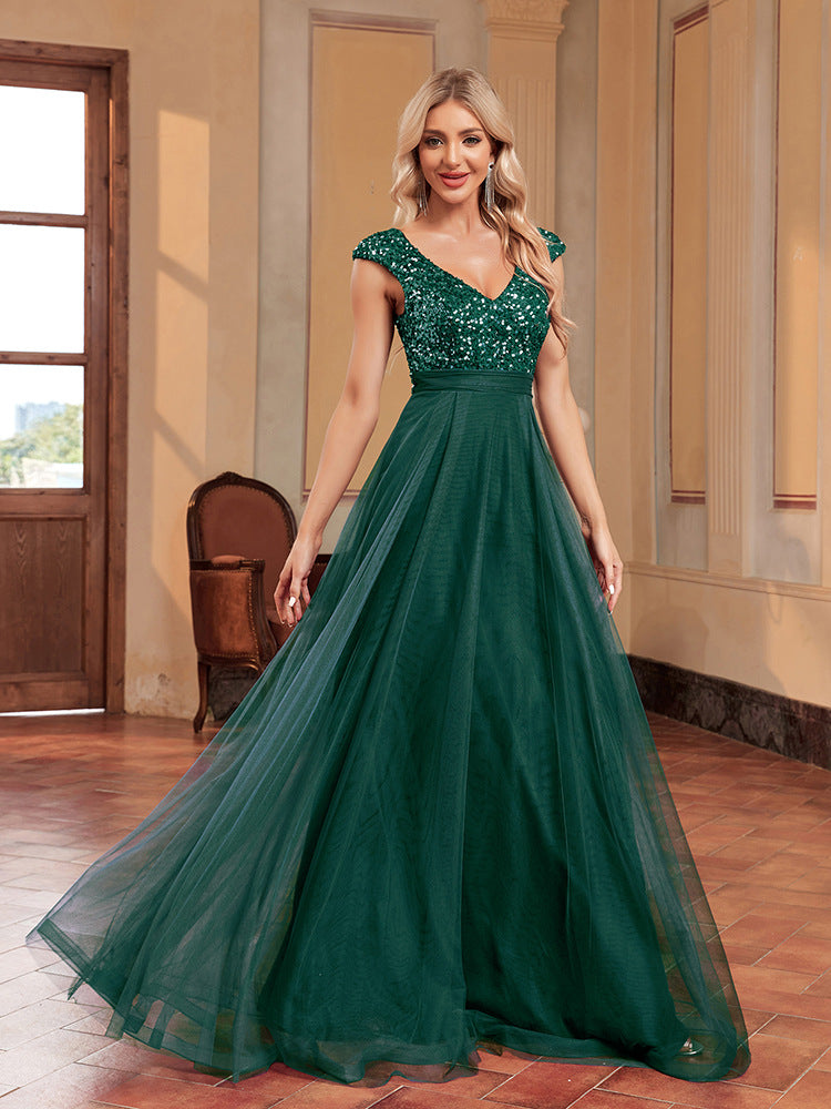 2025 New   V-neck sequined tulle A-word landing elegant dance evening dress fashion party dress