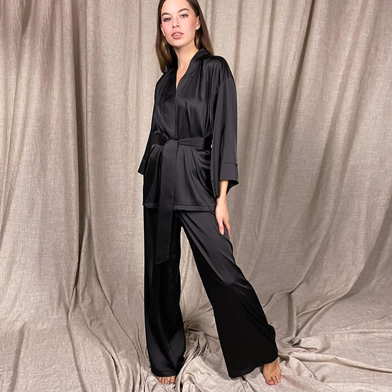 BENPAOLV 2025 spring  satin satin cardigan lace-up nightgown pajama pants solid color home set loose women's pajamas