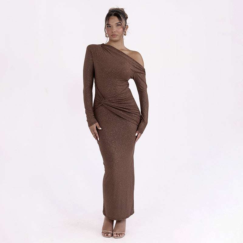 BENPAOLV  2025 Autumn and winter new  style New women's clothing is hot-selling, fashionable and sexy pleated slanted shoulder long-sleeved slim-fitting hip-wrapped dress