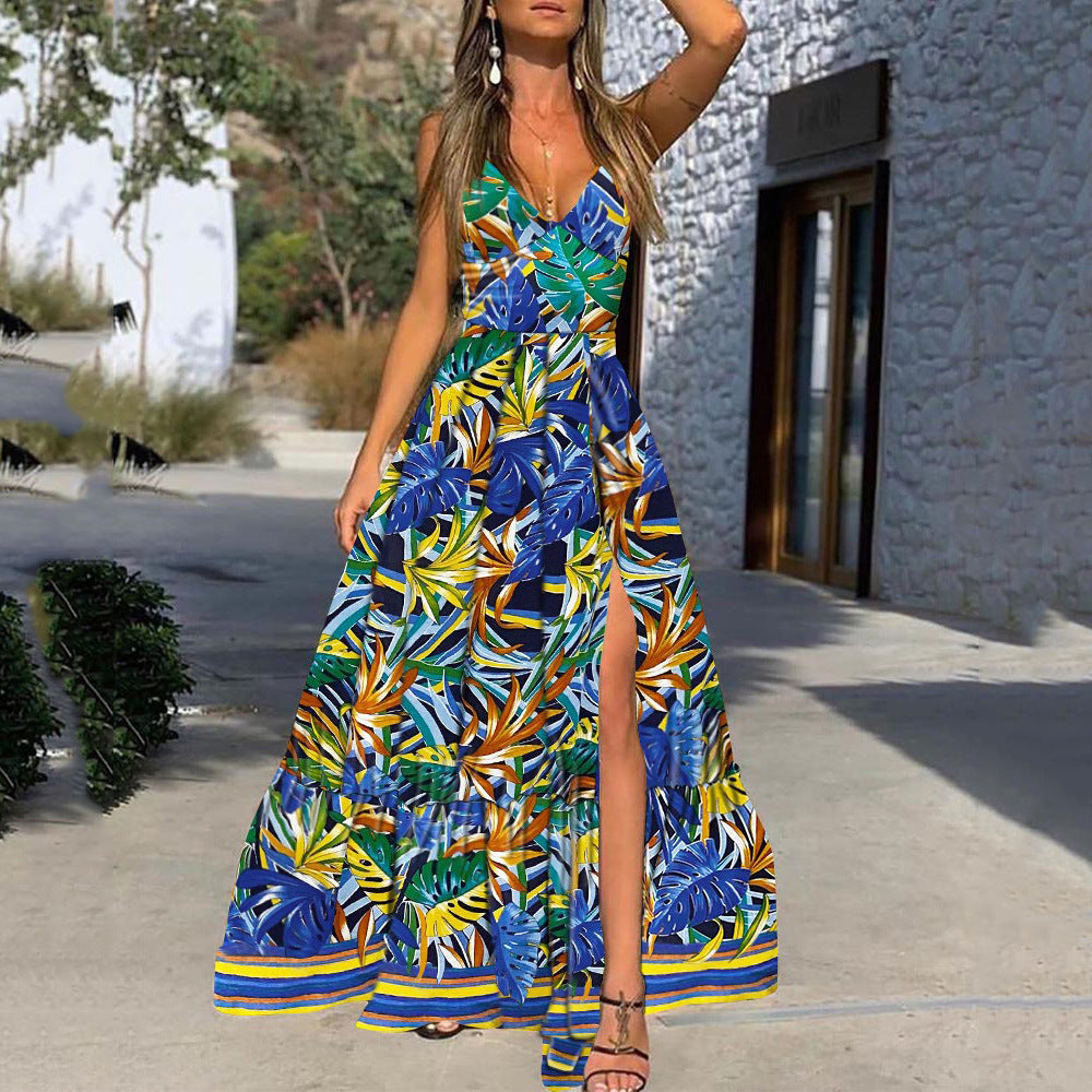 New summer  women's clothing wish dress v-neck suspender printed leaves beach vacation split long dress