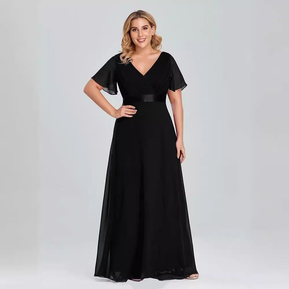 2025 evening dress popular new high waist simple fashion V-neck slim temperament chiffon pendulum long dress