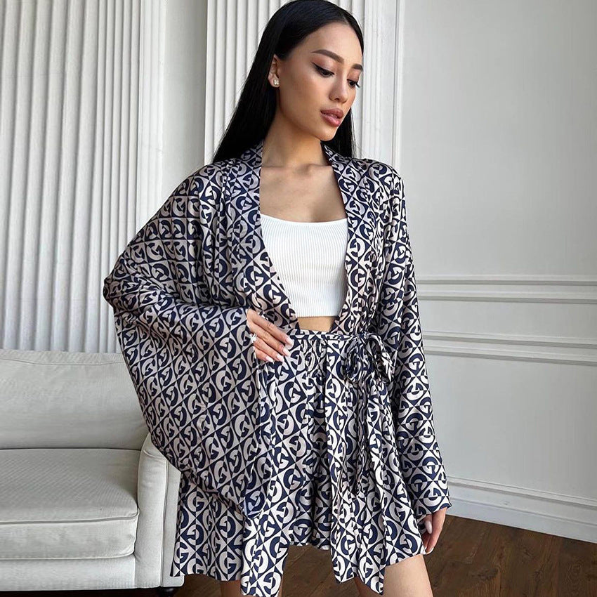 BENPAOLV 2025 popular New autumn  new products two-piece set long-sleeved nightgown shorts imitation silk fashion printed loungewear women