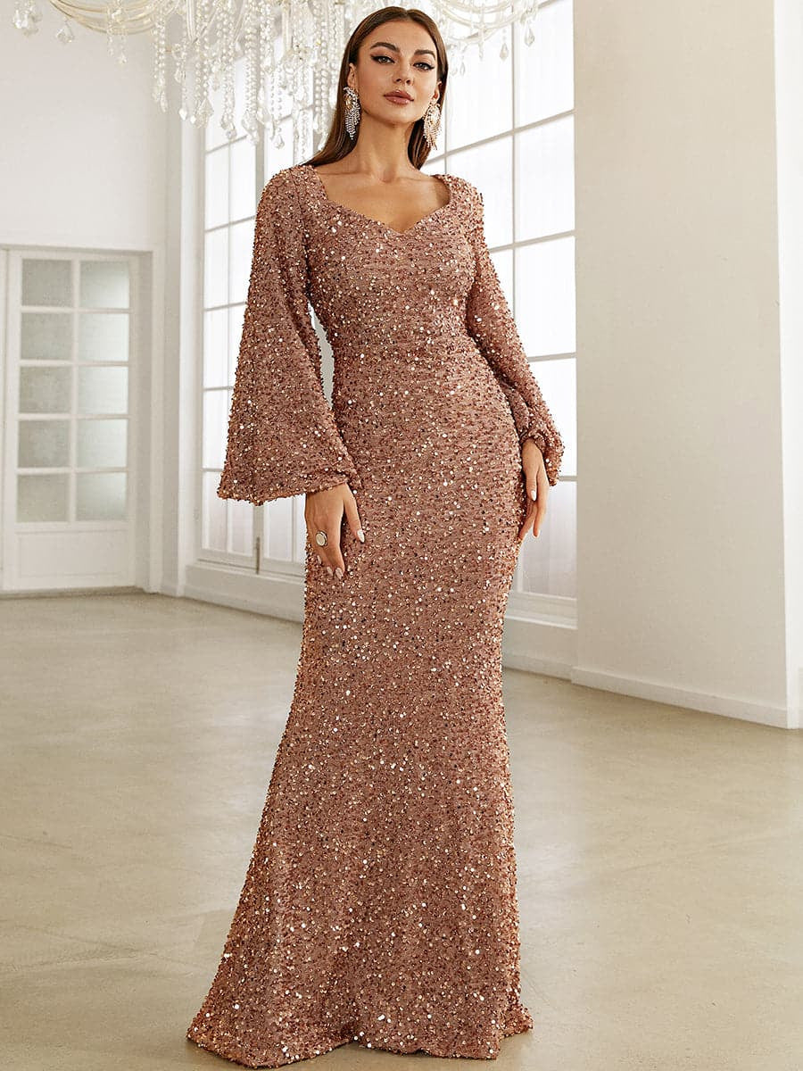 BENPAOLV Sexy Evening Dress 2025 Women Sexy Dress Mid-rise Flared Sleeve Sequins V-Neck Evening Dress