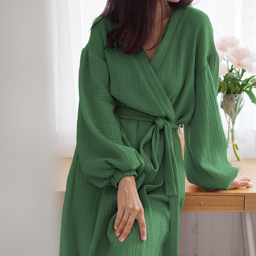 BENPAOLV 2025 spring new  pajamas double-layer wrinkled yarn comfortable and skin-friendly bathrobes casual long pajamas loungewear women