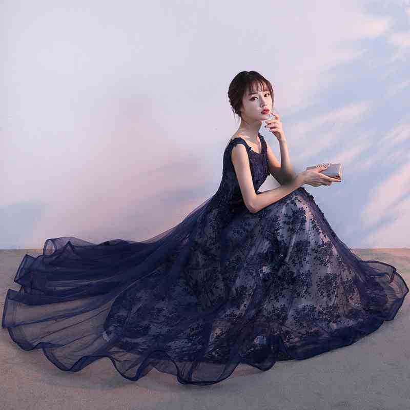 2025 Navy blue evening dress women's popular new sleeveless simple temperament banquet simple and generous lace South East Asia dress