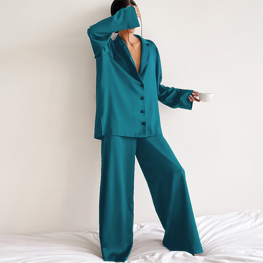 BENPAOLV 2025 spring  women's loungewear long-sleeved suit imitation silk shirt thin trousers two-piece pajamas women