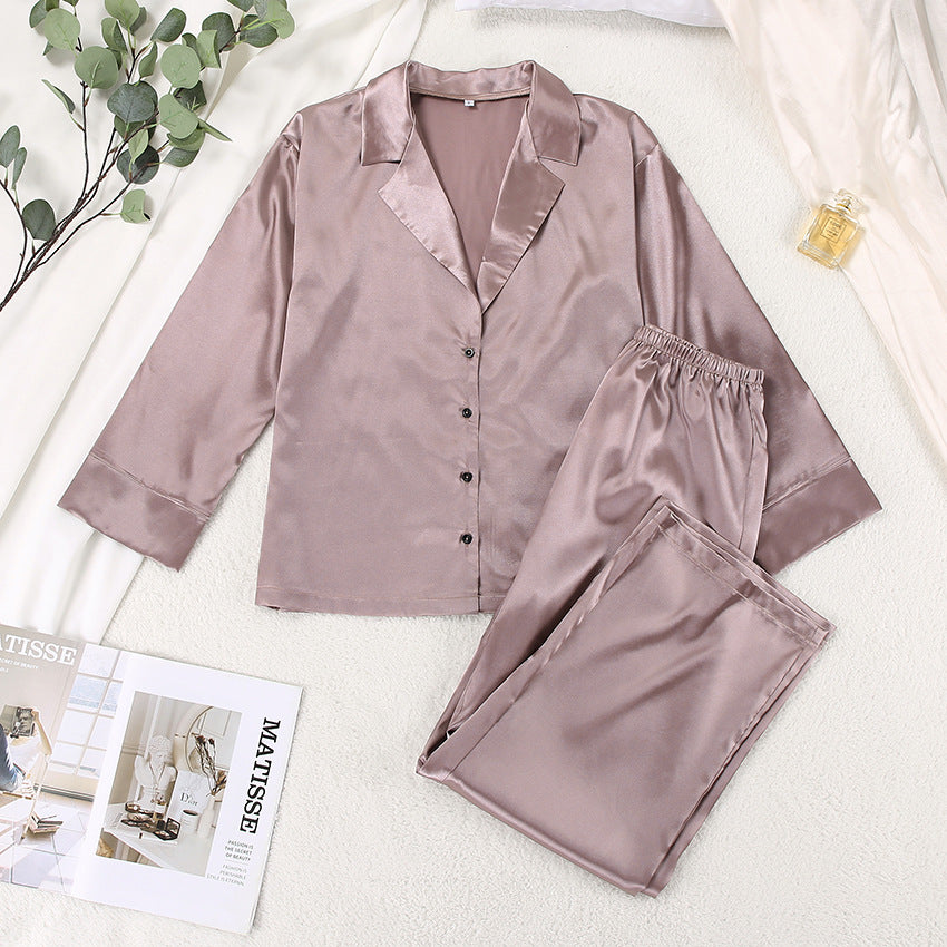 BENPAOLV 2025 spring  women's loungewear long-sleeved suit imitation silk shirt thin trousers two-piece pajamas women