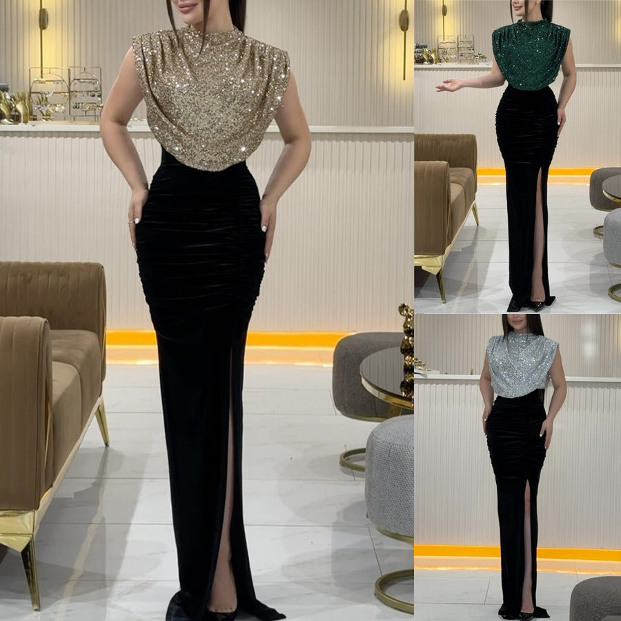 BENPAOLV Casual party-slit dress light luxury boutique sequins sleeveless INS beautiful woman party split step skirt