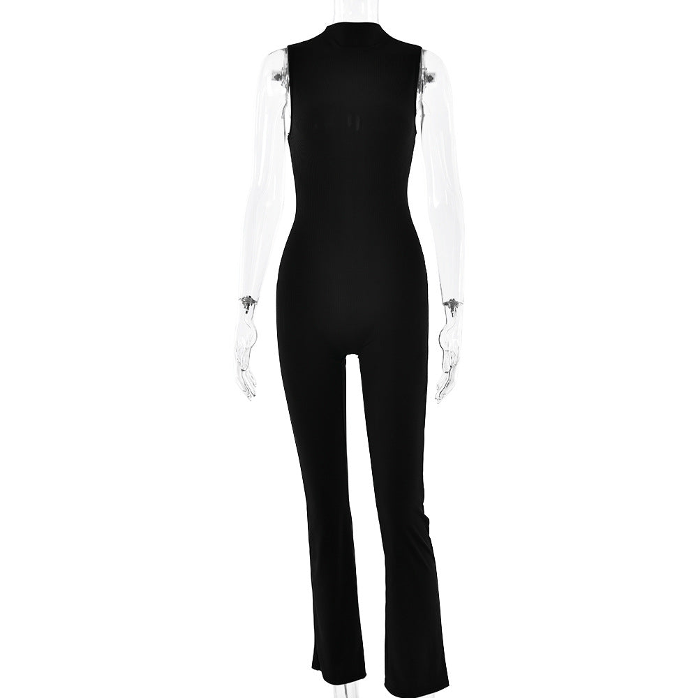 2025 New new women's jumpsuits round neck sleeveless solid color flared pants tights sexy babes sports style