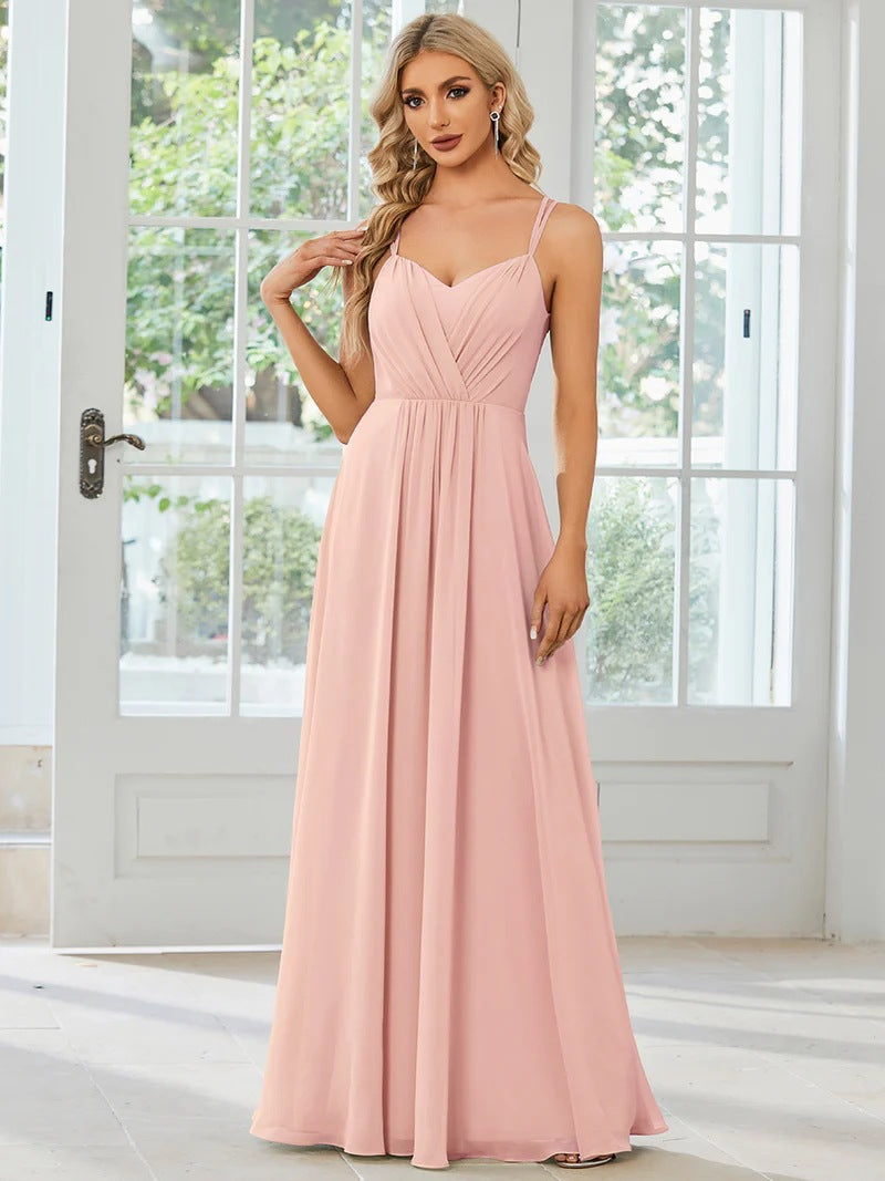 2025 Elegant evening dress V-back halter dress popular new chiffon pleated mint green bridesmaid dress