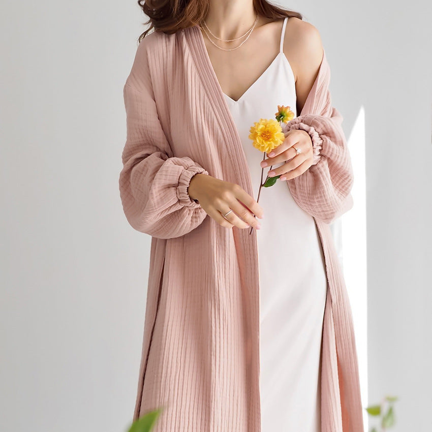 BENPAOLV 2025 spring new  pajamas double-layer wrinkled yarn comfortable and skin-friendly bathrobes casual long pajamas loungewear women