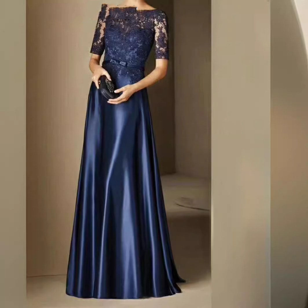 2025Evening Dress  Elegant Lace Blue Dress Hollow Long Falling Simple Host Annual Meeting Dress