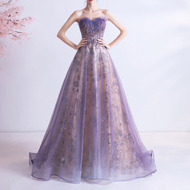 2025 Graduation evening dress popular new sexy tube top purple sequined starry sky dress wedding bride art test performance dress