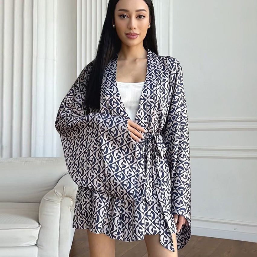 BENPAOLV 2025 popular New autumn  new products two-piece set long-sleeved nightgown shorts imitation silk fashion printed loungewear women