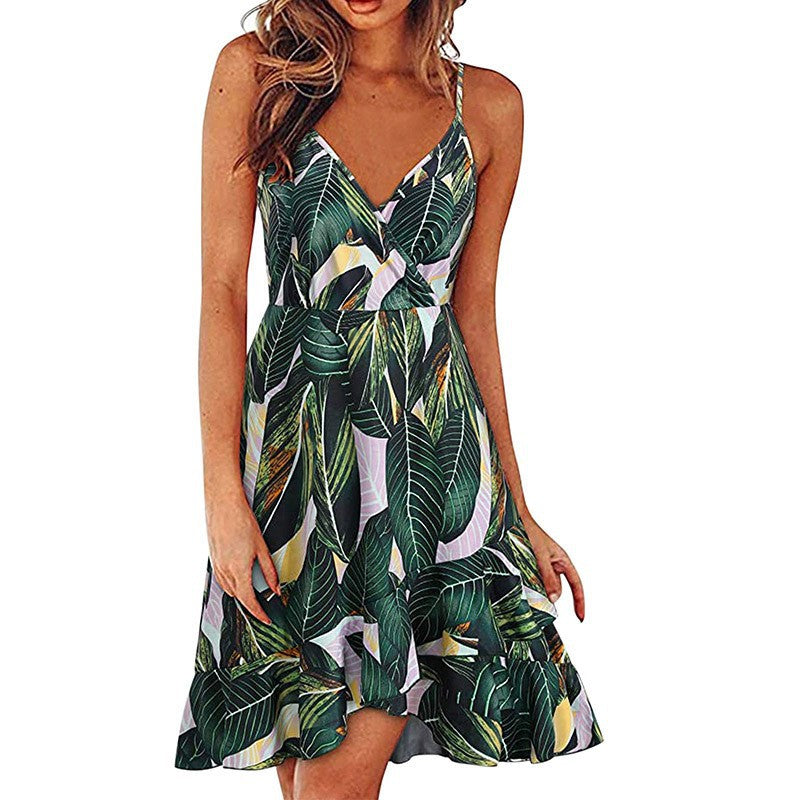 Summer Women's Sexy, Stylish V-Neck Suspender Sleeveless Halter Multi-Color Printed Swing Dress