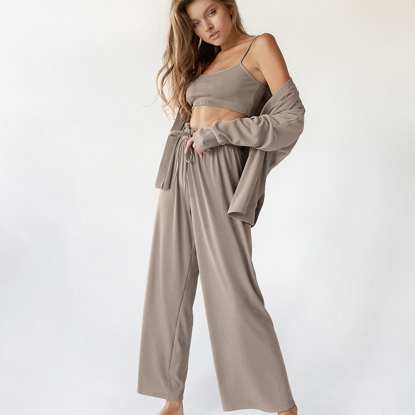 BENPAOLV 2025 Spring  new pajamas vest three-piece ice silk pit strips outer wear trousers nightgown fashion women's loungewear