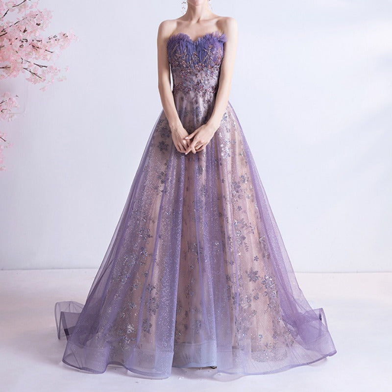 2025 Graduation evening dress popular new sexy tube top purple sequined starry sky dress wedding bride art test performance dress