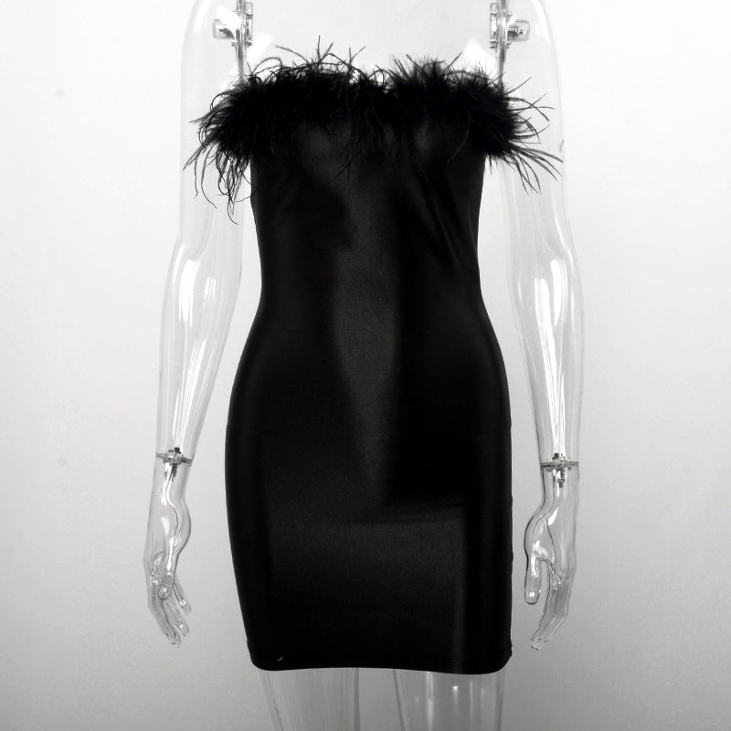 BENPAOLV 2025 HMAG018AA  New new ostrich hair tight sexy fashion tight black beautiful style hip dress