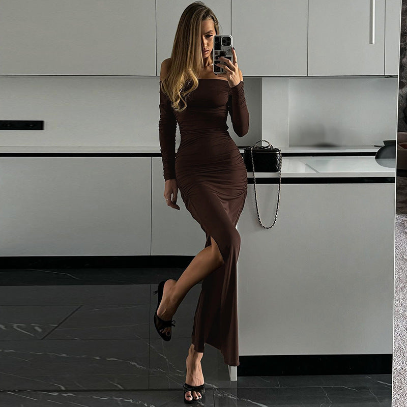 BENPAOLV  2025 popular autumn  style New women's clothing new fashion one-word collar sexy tight pleated side split dress