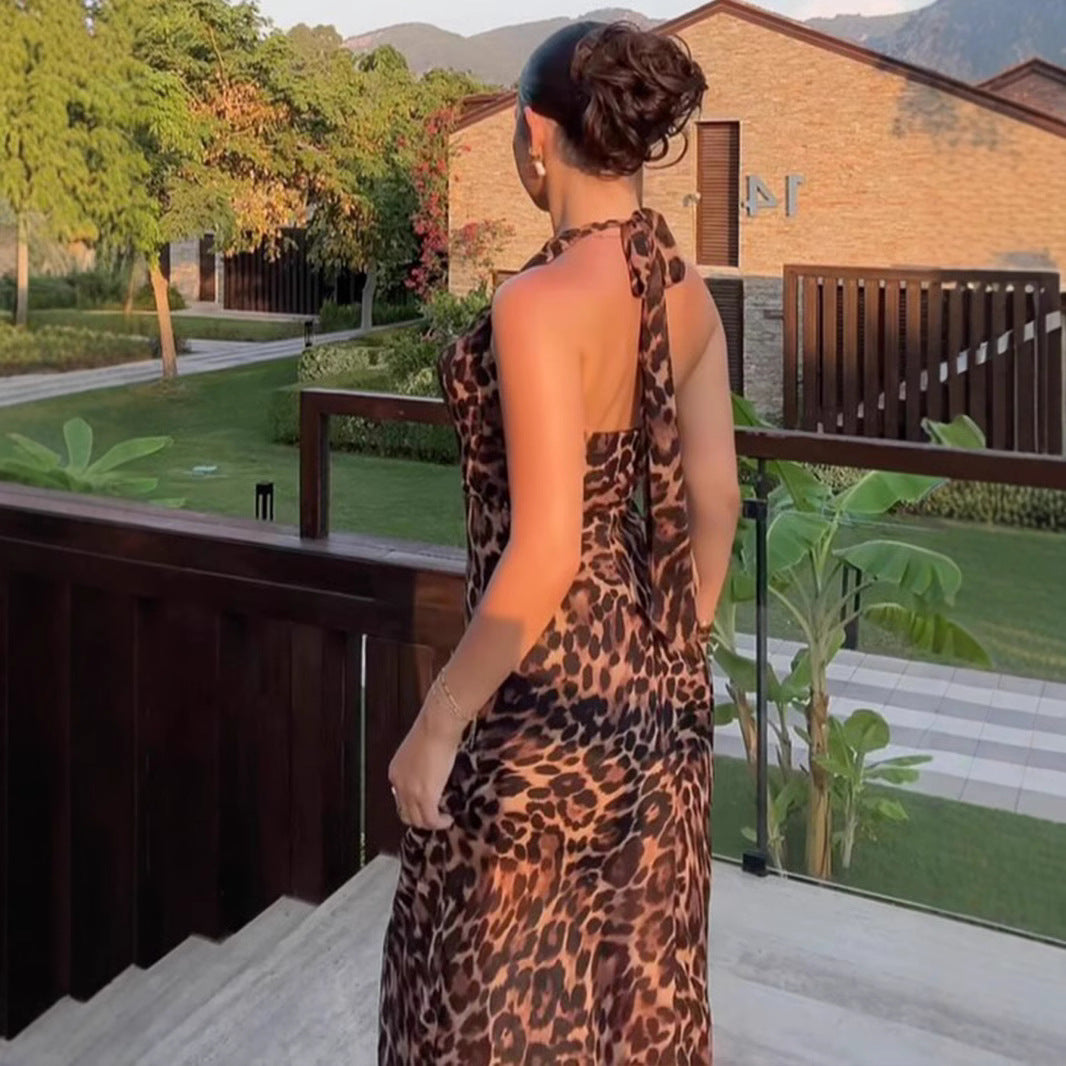 BENPAOLV  2025 spring  style women's clothing new leopard print sleeveless neck strap long dress sexy backless dress