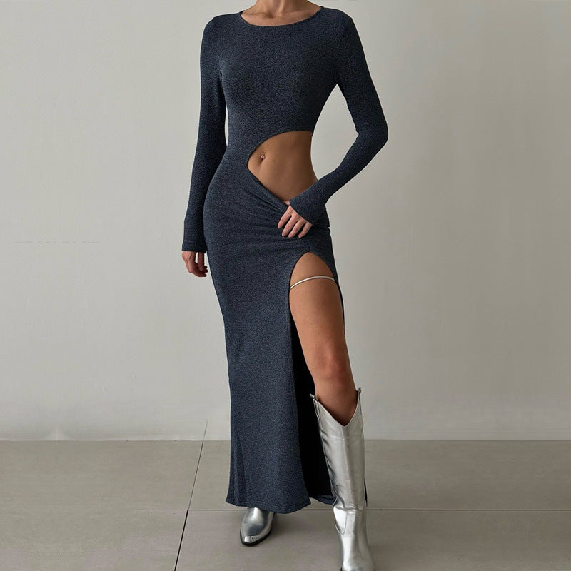 BENPAOLV  2025 popular winter  style new sexy Spice Girl round neck pullover solid color hollow split fork long sleeve dress