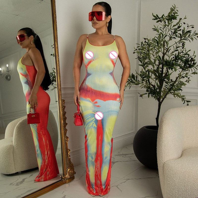 BENPAOLV  2025 independent station popular long dress design is interesting human body 3D printing backless suspender dress