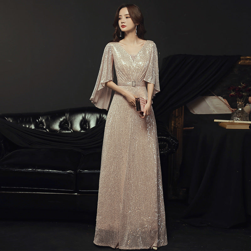 2025 Celebrity banquet evening dress popular autumn new temperament golden elegant catwalk performance host dress female