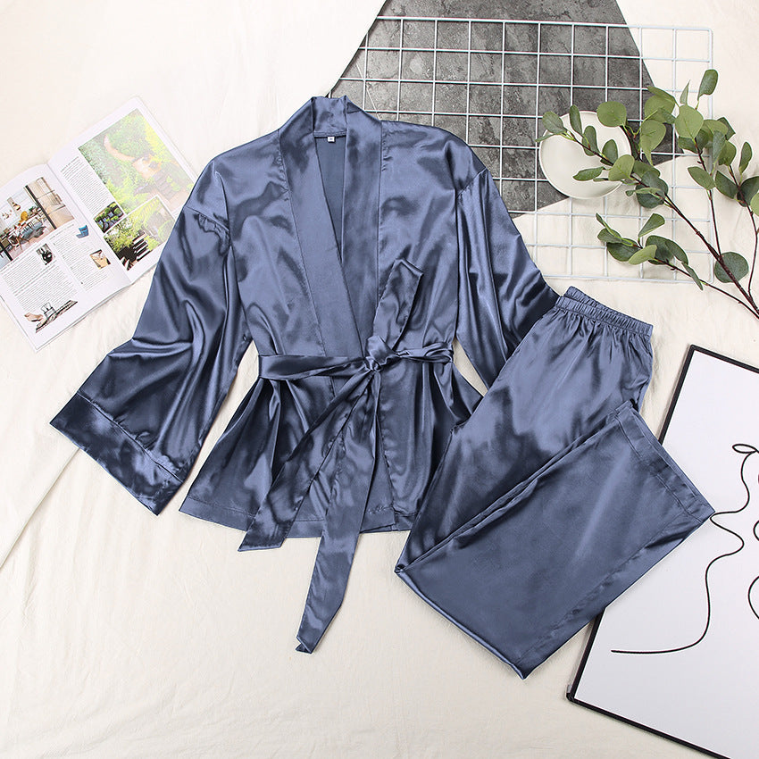 BENPAOLV 2025 spring  satin satin cardigan lace-up nightgown pajama pants solid color home set loose women's pajamas