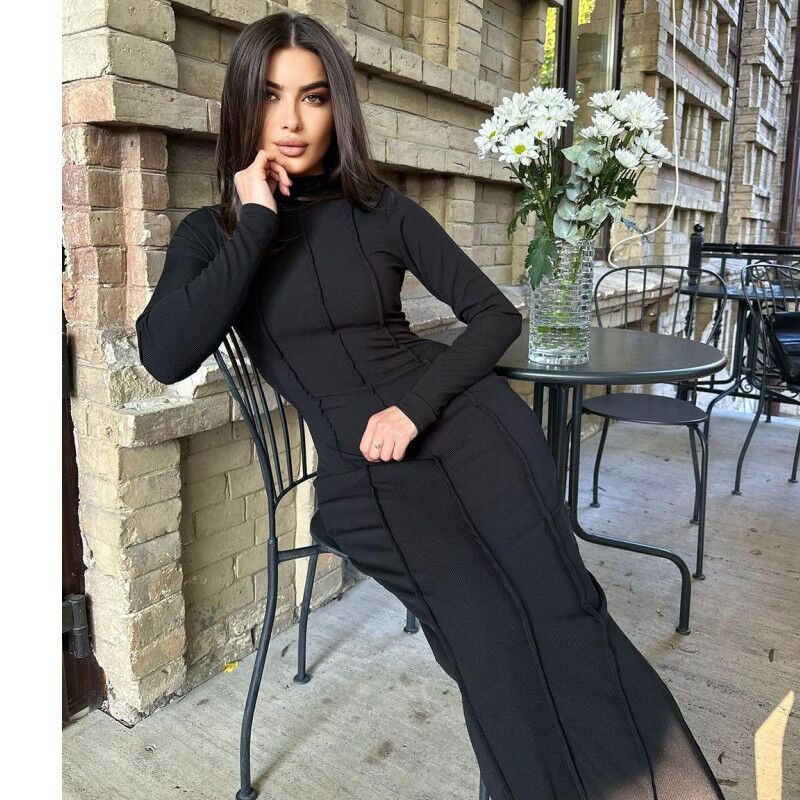 BENPAOLV  2025 autumn new  New Popular trade semi-turtleneck pit strip long-sleeved skirt thin waist dress women