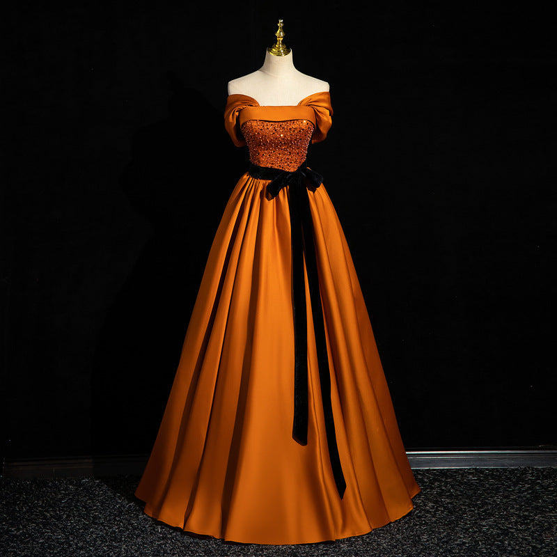 2025Hot trade orange satin students vocal art test shoulder solo performance tutu skirt host annual meeting evening dress woman