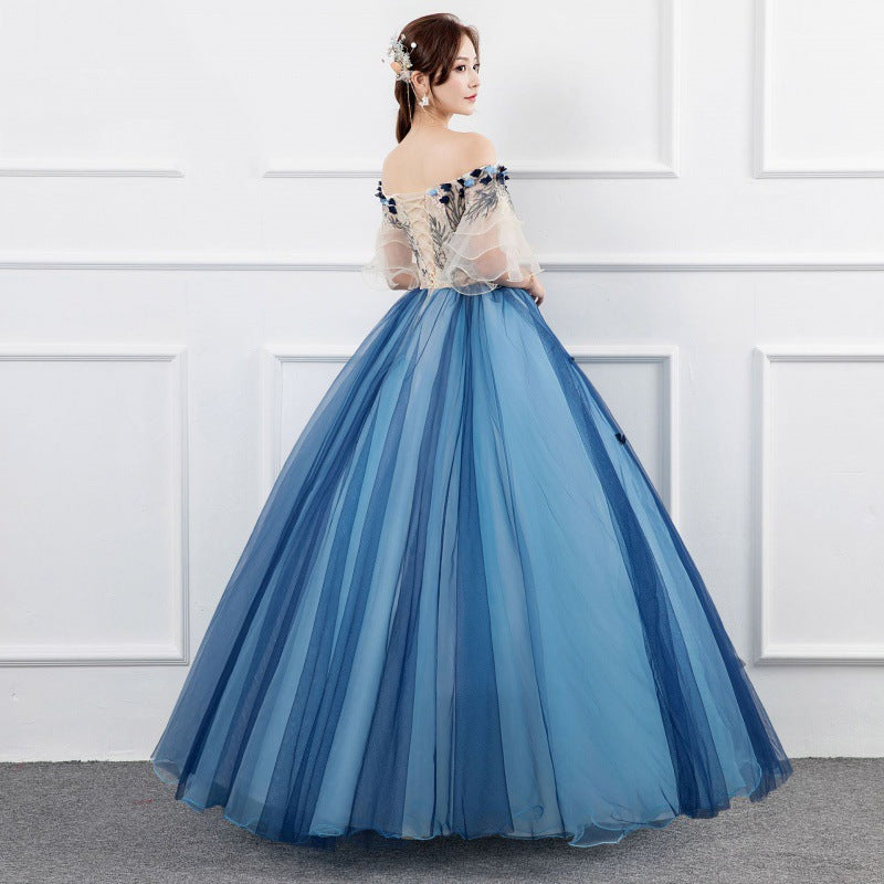 2025Vocal solo performance costume women's  new studio colored yarn retro elegant one-word shoulder annual meeting art exam evening dress