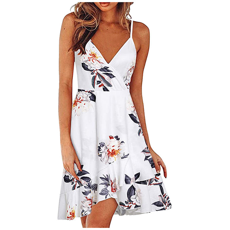 Summer Women's Sexy, Stylish V-Neck Suspender Sleeveless Halter Multi-Color Printed Swing Dress