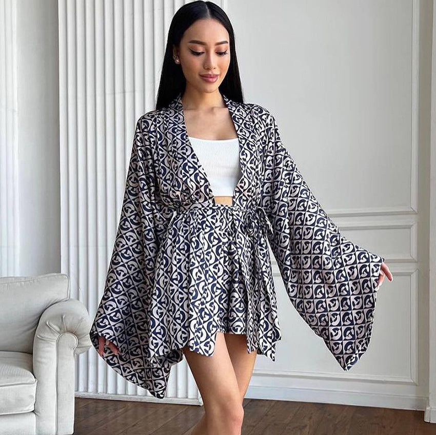 BENPAOLV 2025 popular New autumn  new products two-piece set long-sleeved nightgown shorts imitation silk fashion printed loungewear women