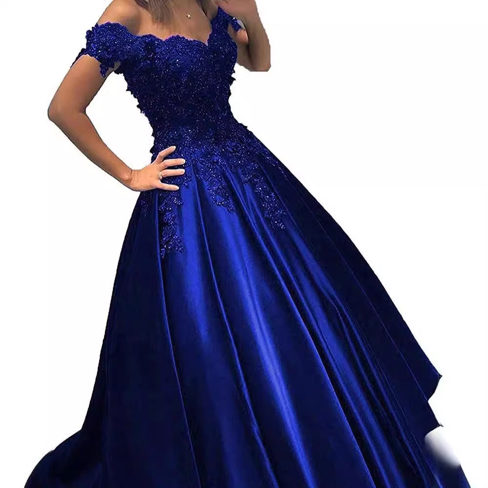 2025 popular 's new simple evening dress off-the-shoulder lace applique ball satin bar mitzvah ball dress