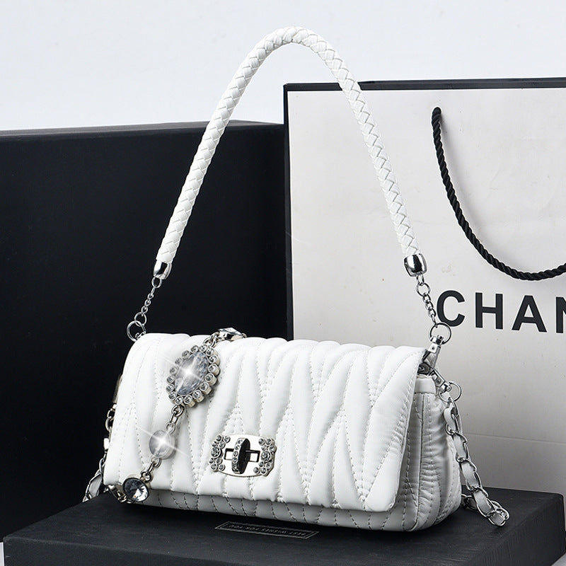 2025 Bag Autumn Women's popular Premium Folded Bag Rhinestone Chain Women's Bag Fashion Versatile Soft Leather Textured Shoulder Bag